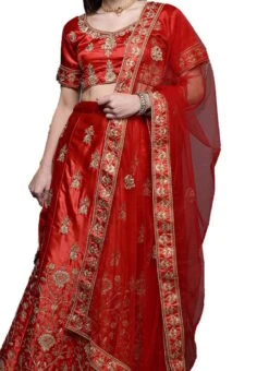 Dark Red Satin Silk Embroidered A Line Lehenga Festive Wear