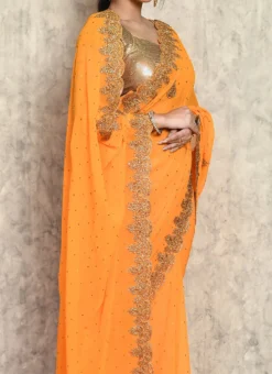 Dark Yellow Faux Georgette Hand Work Saree Festive Wear