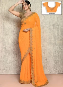 Dark Yellow Faux Georgette Hand Work Saree Festive Wear -Mahra Clothing Shop dark yellow faux georgette hand work saree sadsf7181 u