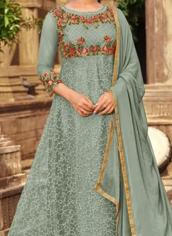 Dusty Blue Net Embroidered Anarkali Suit Party Wear