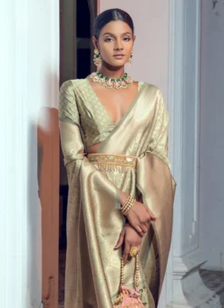 Dusty Green Art Silk Zari Saree Festive Wear -Mahra Clothing Shop dusty green art silk zari saree samknsz3006 b