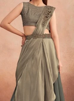 Dusty Green Chinon Silk Embroidered Ready Pleated Saree Party Wear