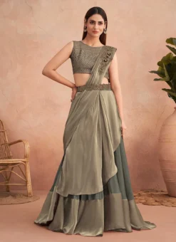 Dusty Green Chinon Silk Embroidered Ready Pleated Saree Party Wear -Mahra Clothing Shop dusty green chinon silk embroidered ready pleated saree saska36337311c u