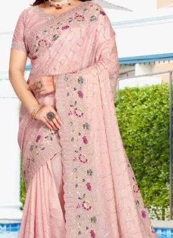 Dusty Peach Crepe Silk Embroidery Sequins Work Saree Party Wear
