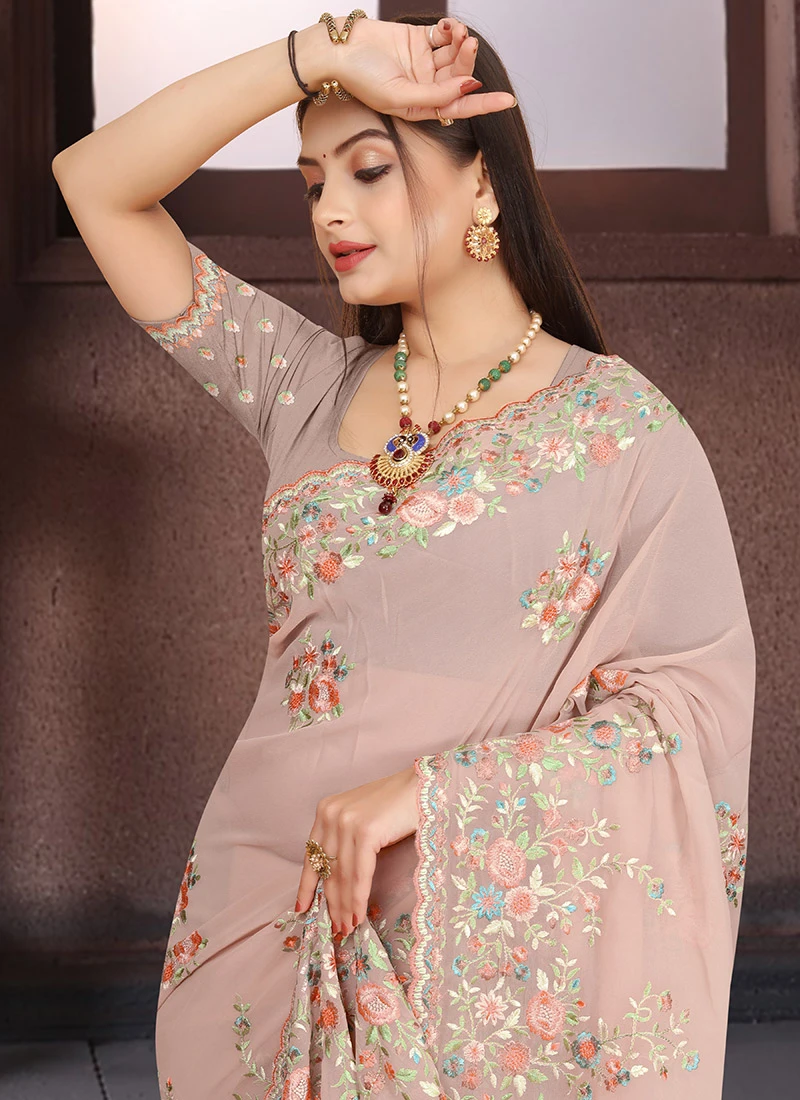 Dusty Peach Faux Georgette Embroidered Saree Party Wear 4 Dusty Peach Faux Georgette Embroidered Saree Party Wear - Image 4