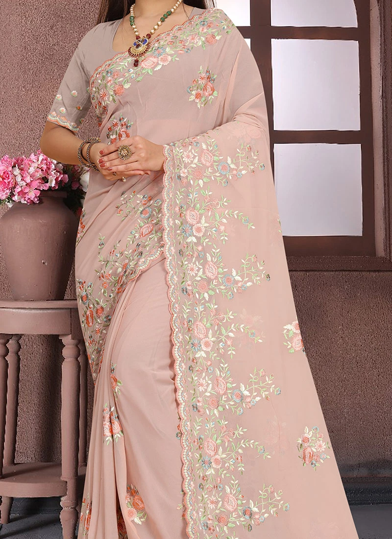 Dusty Peach Faux Georgette Embroidered Saree Party Wear 1 Dusty Peach Faux Georgette Embroidered Saree Party Wear