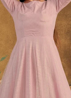 Dusty Pink Net Metalic Foil Work Anarkali Gown Party Wear