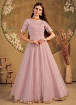 Dusty Pink Net Metalic Foil Work Anarkali Gown Party Wear -Mahra Clothing Shop dusty pink net metalic foil work anarkali gown bgwsom4615 u