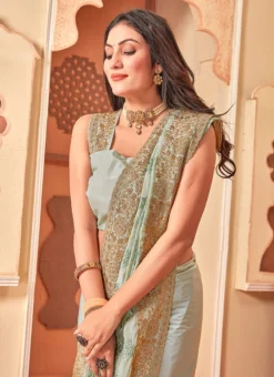 Dusty Pista Faux Crepe Embroidered Saree Party Wear -Mahra Clothing Shop dusty pista faux crepe embroidered saree sasnf7266 b