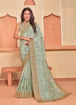 Dusty Pista Faux Crepe Embroidered Saree Party Wear -Mahra Clothing Shop dusty pista faux crepe embroidered saree sasnf7266 u