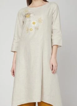 Dusty White N Mustard Linen Kurta Palazzo Set Work Wear
