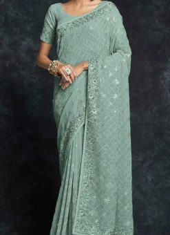 Embroidery Sequins Sea Green Color Georgette Saree Party Wear