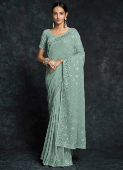 Embroidery Sequins Sea Green Color Georgette Saree Party Wear -Mahra Clothing Shop embroidery sequins sea green color georgette saree saska361645009 u