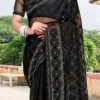 Embroidery Work Black Net Saree Party Wear
