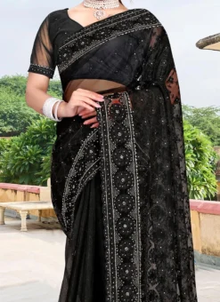 Embroidery Work Black Net Saree Party Wear