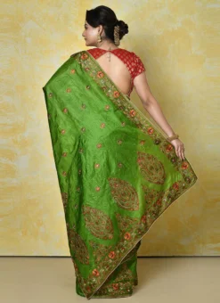 Embroidery Work Mehendi Green Color Pure Silk Tussar Silk Saree Festive Wear -Mahra Clothing Shop embroidery work mehendi green color pure silk tussar silk saree savns140a b
