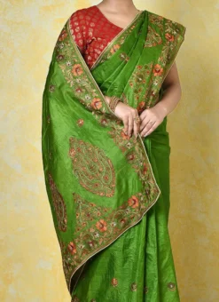 Embroidery Work Mehendi Green Color Pure Silk Tussar Silk Saree Festive Wear