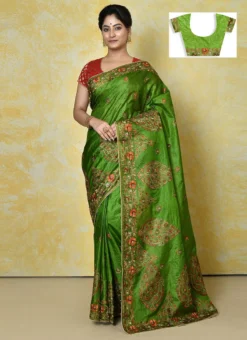Embroidery Work Mehendi Green Color Pure Silk Tussar Silk Saree Festive Wear -Mahra Clothing Shop embroidery work mehendi green color pure silk tussar silk saree savns140a u