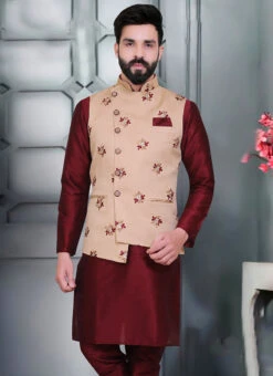 Fawn Jacquard Silk Nehru Jacket 5 Fawn Jacquard Silk Nehru Jacket -Mahra Clothing Shop fawn jacquard silk nehru jacket jkmdc552 b