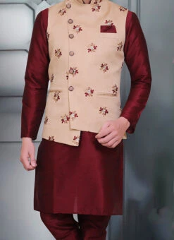 Fawn Jacquard Silk Nehru Jacket
