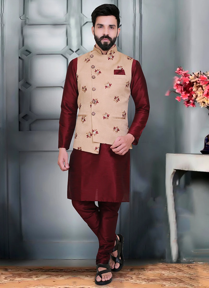 Fawn Jacquard Silk Nehru Jacket 2 Fawn Jacquard Silk Nehru Jacket - Image 2