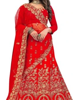 Fire Brick Red Velvet Machine Embroidery A Line Lehenga Party Wear