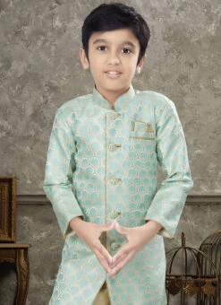 Firozi And Cream Art Silk Jacquard Indowestern Sherwani Party Wear -Mahra Clothing Shop firozi and cream art silk jacquard indowestern sherwani kdbsgr613 b