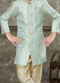 Firozi And Cream Art Silk Jacquard Indowestern Sherwani Party Wear