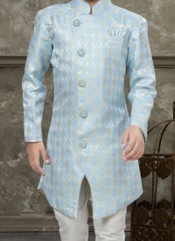 Firozi And Sky Blue Art Silk Jacquard Indowestern Sherwani Party Wear