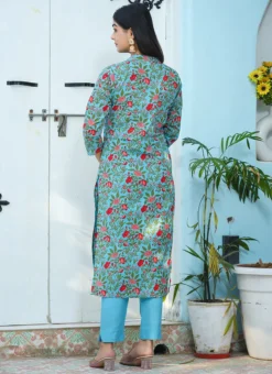 Floral Printed Blue Cotton Kurta N Straight Pant Work Wear -Mahra Clothing Shop floral printed blue cotton kurta n straight pant krsjsc484 b