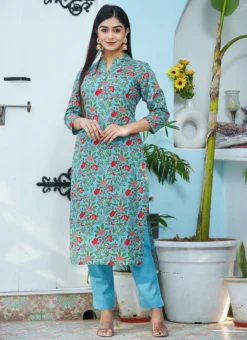 Floral Printed Blue Cotton Kurta N Straight Pant Work Wear -Mahra Clothing Shop floral printed blue cotton kurta n straight pant krsjsc484 u