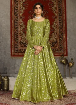 Fluorescent Green Taffeta Metalic Foil Work Anarkali Gown Party Wear -Mahra Clothing Shop fluorescent green taffeta metalic foil work anarkali gown bgwsom4604 u