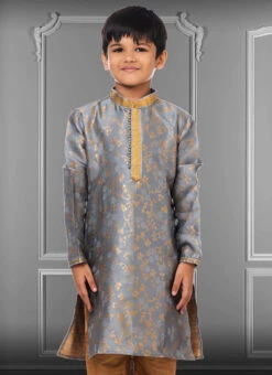 Fog Grey Jacquard Silk Boys Kurta Pyjama Party Wear 5 Fog Grey Jacquard Silk Boys Kurta Pyjama Party Wear -Mahra Clothing Shop fog grey jacquard silk boys kurta pyjama kdbkvs692 b