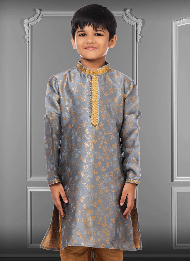 Fog Grey Jacquard Silk Boys Kurta Pyjama Party Wear 3 Fog Grey Jacquard Silk Boys Kurta Pyjama Party Wear - Image 3