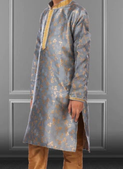 Fog Grey Jacquard Silk Boys Kurta Pyjama Party Wear