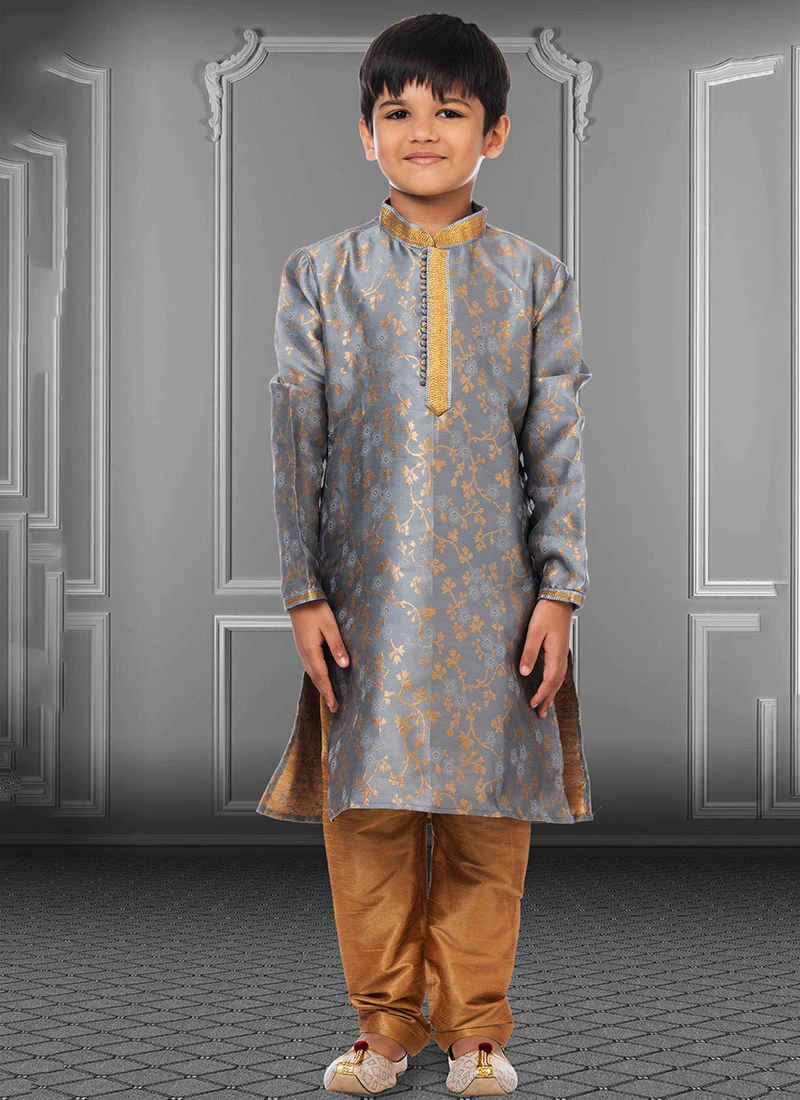 Fog Grey Jacquard Silk Boys Kurta Pyjama Party Wear 2 Fog Grey Jacquard Silk Boys Kurta Pyjama Party Wear - Image 2