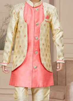 Gold Art Silk Embroidered Indowestern Sherwani For Boys Festive Wear