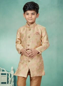 Gold Art Silk Jacquard Indowestern Sherwani Party Wear -Mahra Clothing Shop gold art silk jacquard indowestern sherwani kdbmsgrk539 b