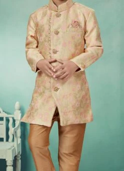 Gold Art Silk Jacquard Indowestern Sherwani Party Wear
