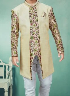 Gold Art Silk Printed Indowestern Sherwani Party Wear