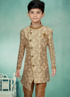 Gold Banarasi Silk Jacquard Indowestern Sherwani Party Wear -Mahra Clothing Shop gold banarasi silk jacquard indowestern sherwani kdbmsgrk551 b