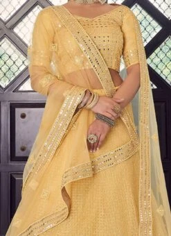 Gold Georgette Mirror Embroidered A Line Lehenga Wedding Wear