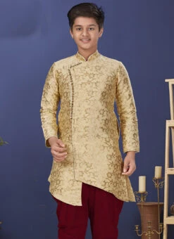 Gold Heavy Silk Indowestern Sherwani Wedding Wear -Mahra Clothing Shop gold heavy silk indowestern sherwani kdbsrk504 b
