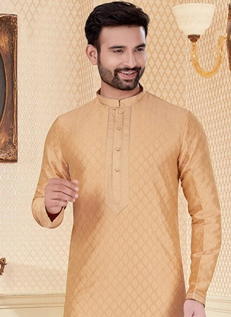 Gold Jari Jacquard Kurta Pyjama Party Wear 3 Gold Jari Jacquard Kurta Pyjama Party Wear - Image 3