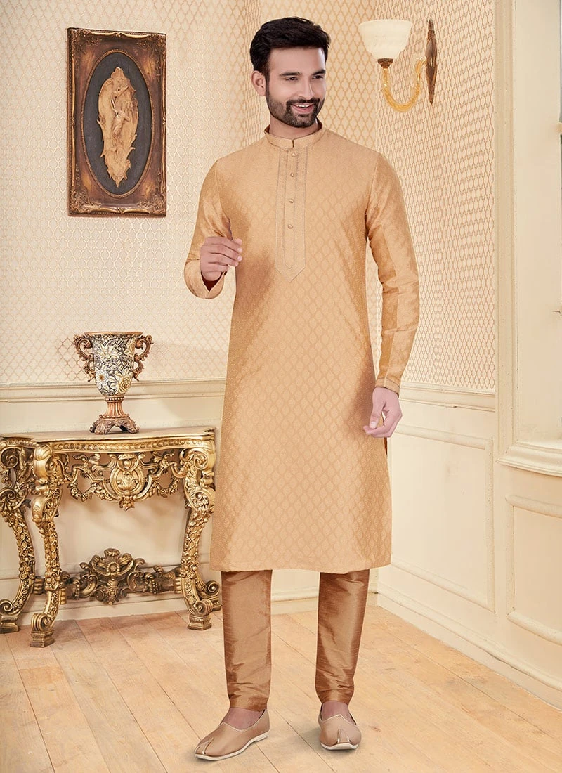 Gold Jari Jacquard Kurta Pyjama Party Wear 2 Gold Jari Jacquard Kurta Pyjama Party Wear - Image 2