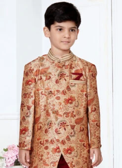 Gold N Maroon Jacquard Silk Printed Indowestern Sherwani Party Wear -Mahra Clothing Shop gold n maroon jacquard silk printed indowestern sherwani kdbmsgr508 b
