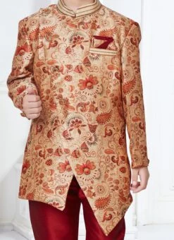 Gold N Maroon Jacquard Silk Printed Indowestern Sherwani Party Wear