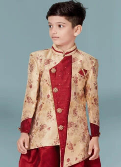 Gold Silk Jacquard Indowestern Sherwani Party Wear -Mahra Clothing Shop gold silk jacquard indowestern sherwani kdbmsgr518 b