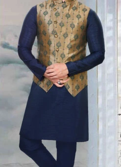 Golden Art Silk Jacquard Bandhgala Jacket
