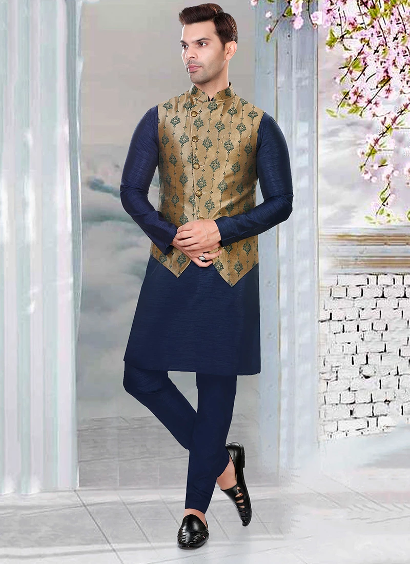 Golden Art Silk Jacquard Bandhgala Jacket 2 Golden Art Silk Jacquard Bandhgala Jacket - Image 2